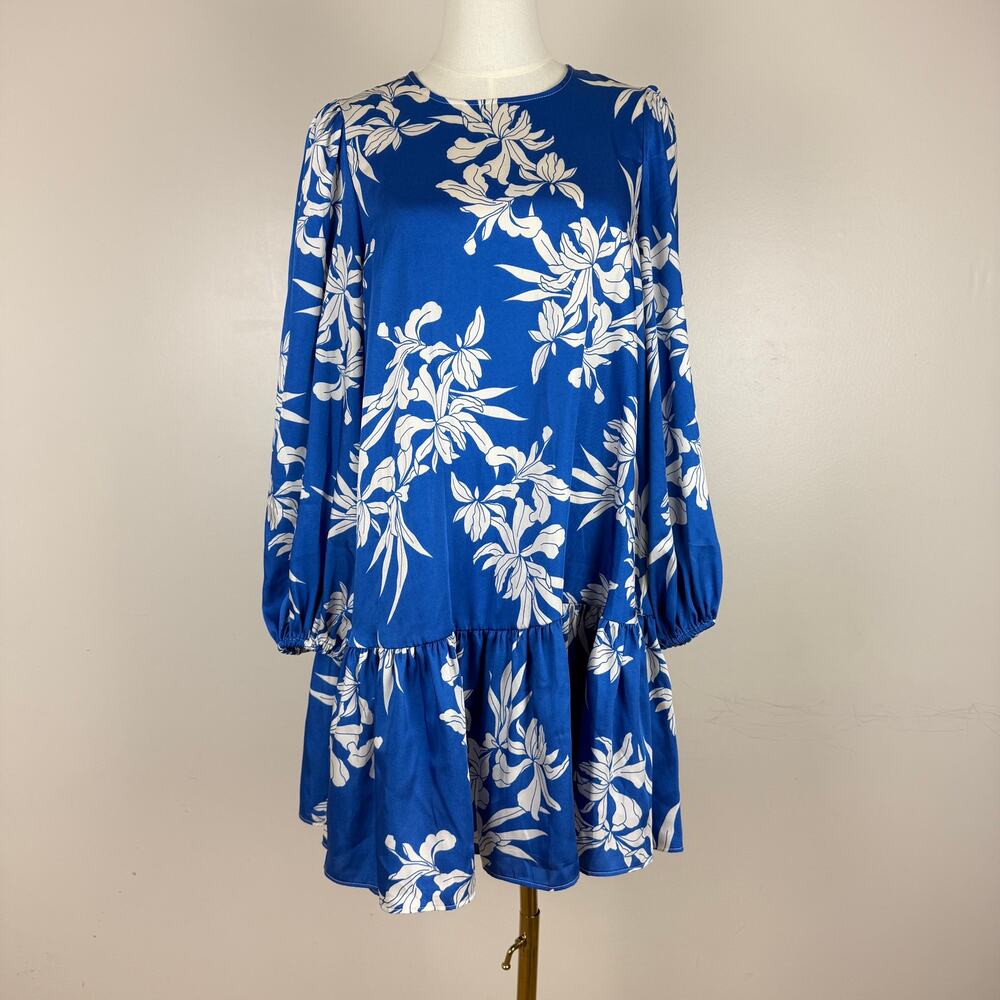 NWOT Alexis Tiered Dress Women's S Blue Floral Elastic Cuff Keyhole Back Size M
